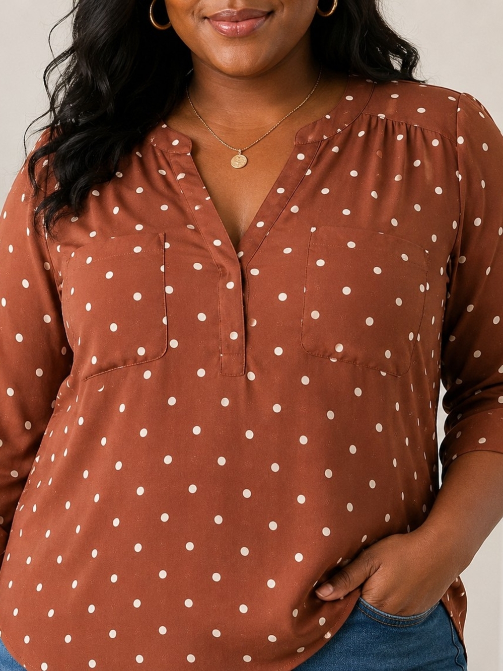 Torrid Harper Mini Dot 3/4 Sleeve Blouse Brown White Polka Dot Size 1 NWT